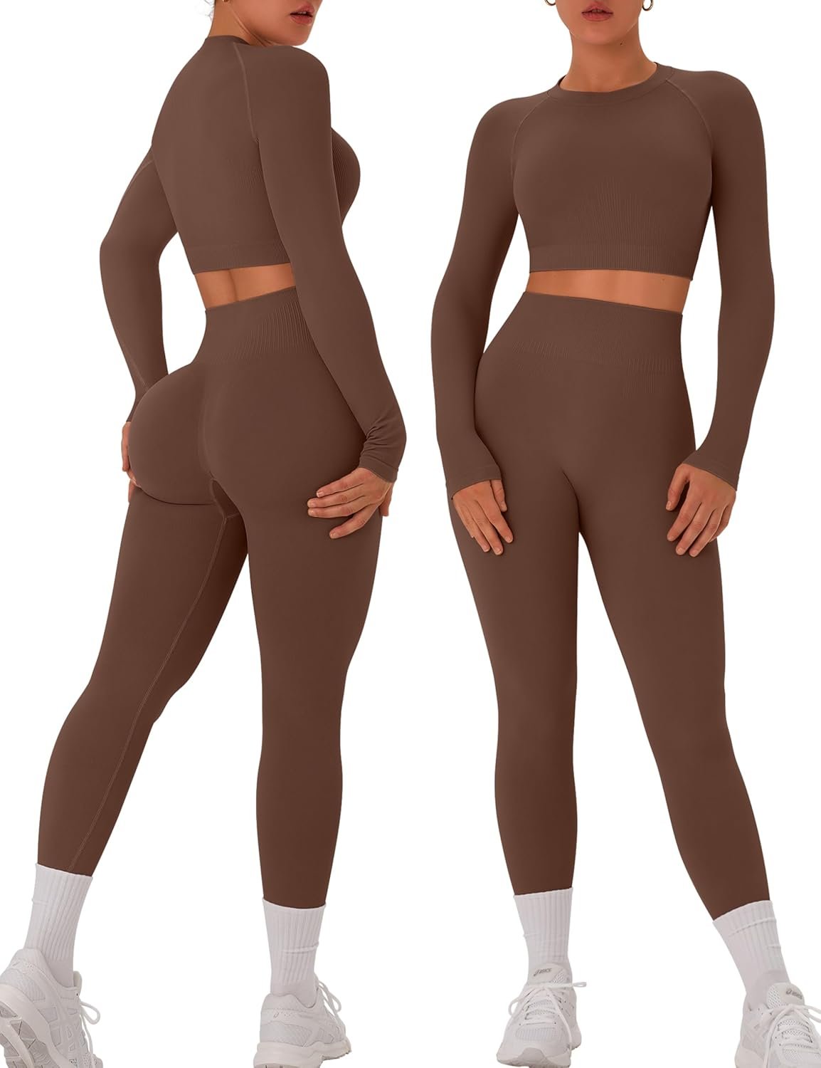 OLCHEE Womens Workout Sets 2 Piece Seamless Long Sleeve Crew Neck Crop Top Shirts Scrunch Butt Leggings Gym Yoga Outfits