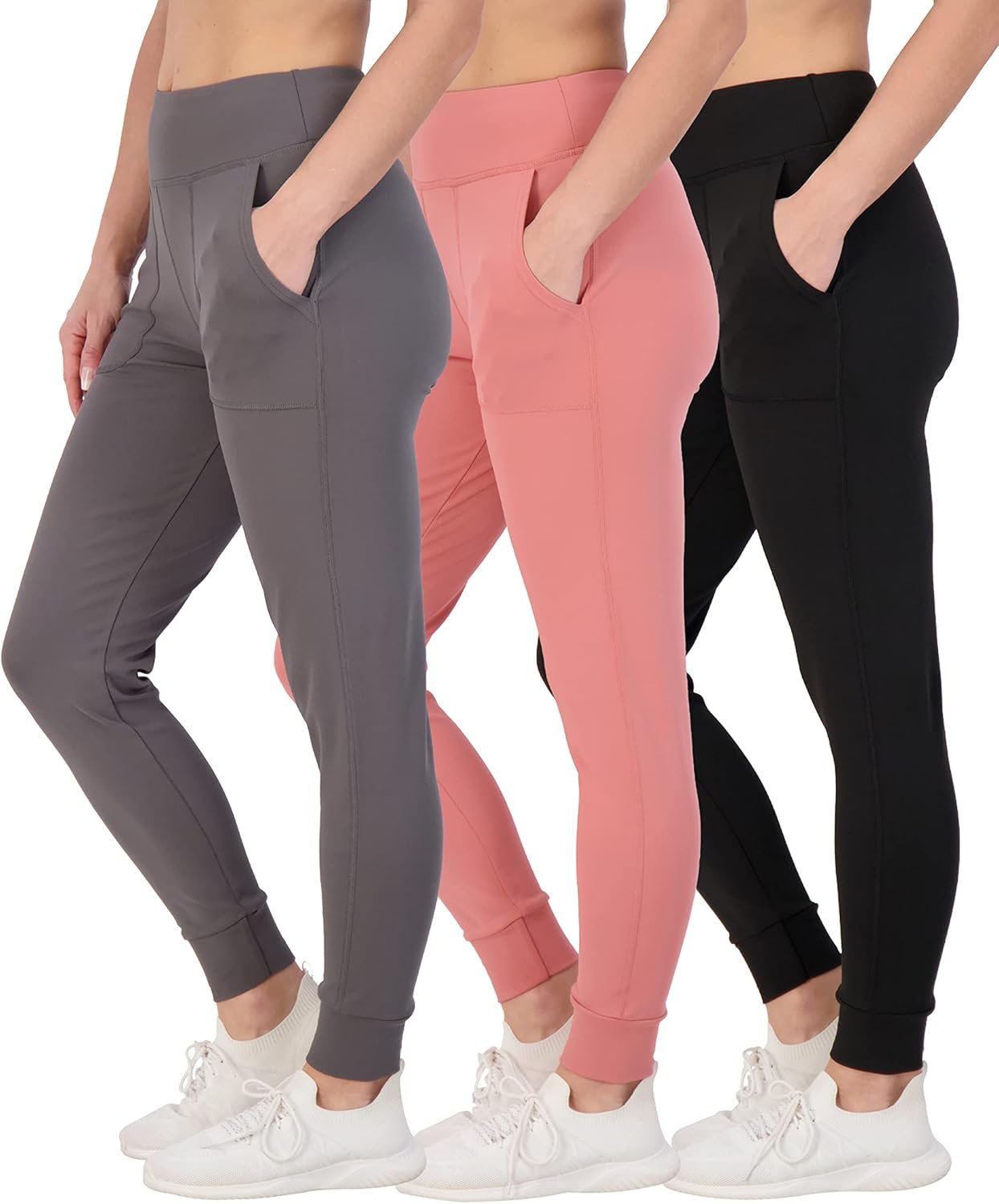 Real Essentials 3 Pack: Women’s Workout Yoga Jogger Track Pants – High Waist Running Athletic Sweatpants with Pockets – Set 1, M