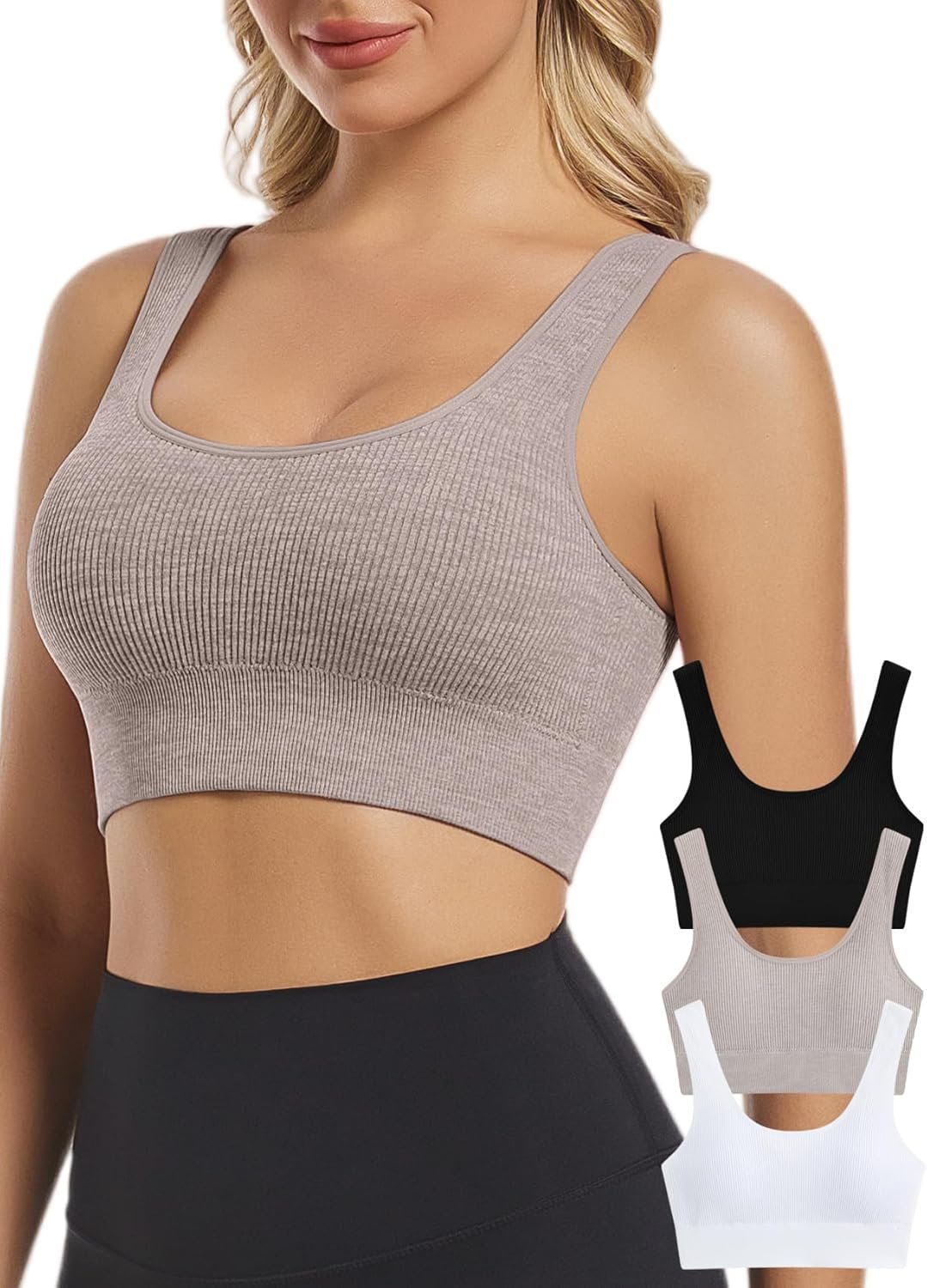 Chilylori Seamless Sports Bras for Women Pack of 3 Ribbed Sports Bra Workout Tops Cropped Tank Top Comfort Padded Yoga