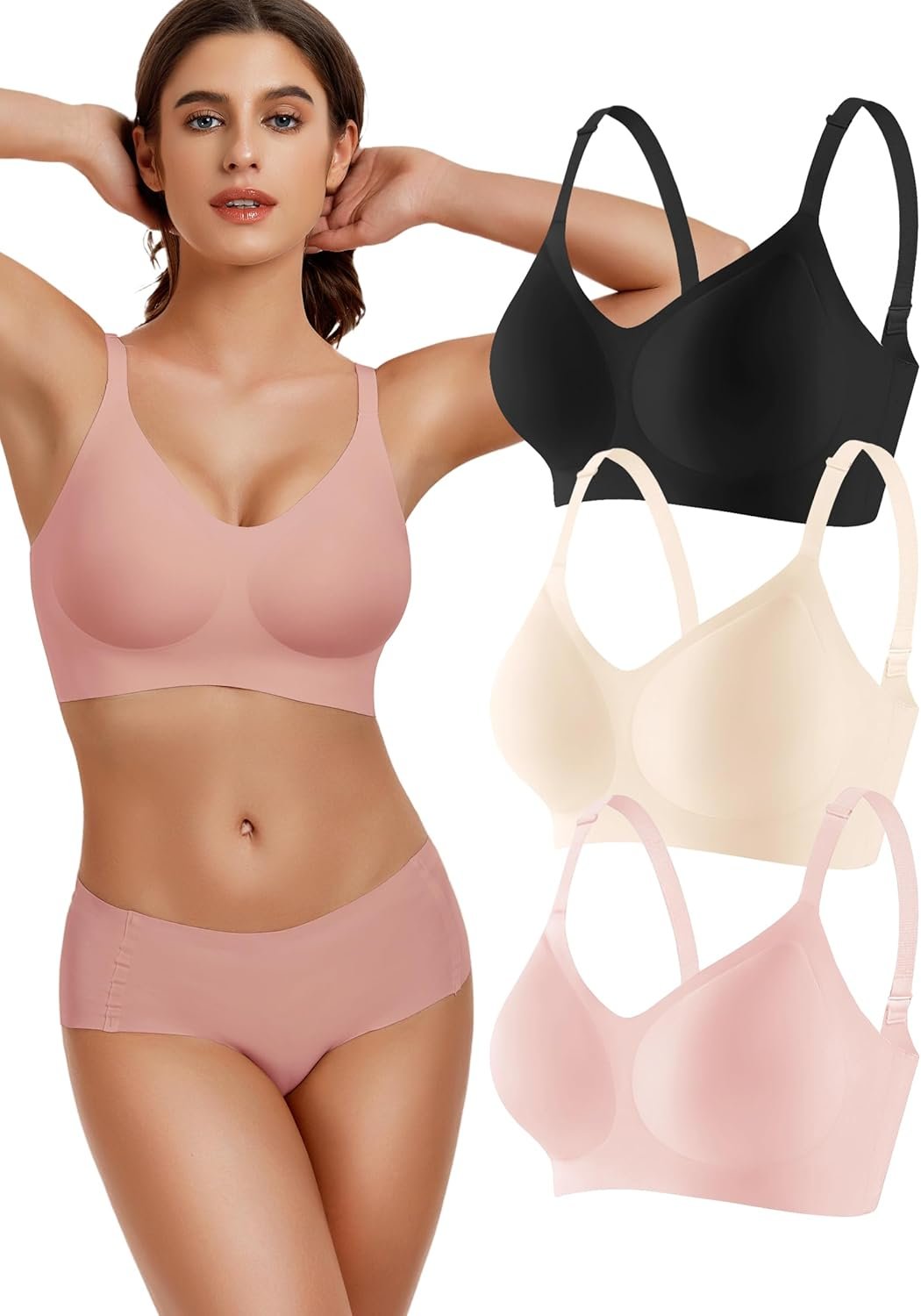 3-Pack Wireless Womens Bras No Underwire Seamless Jelly Bra Light Support Pullover Bralette Ultra Comfort Tshirt Bra