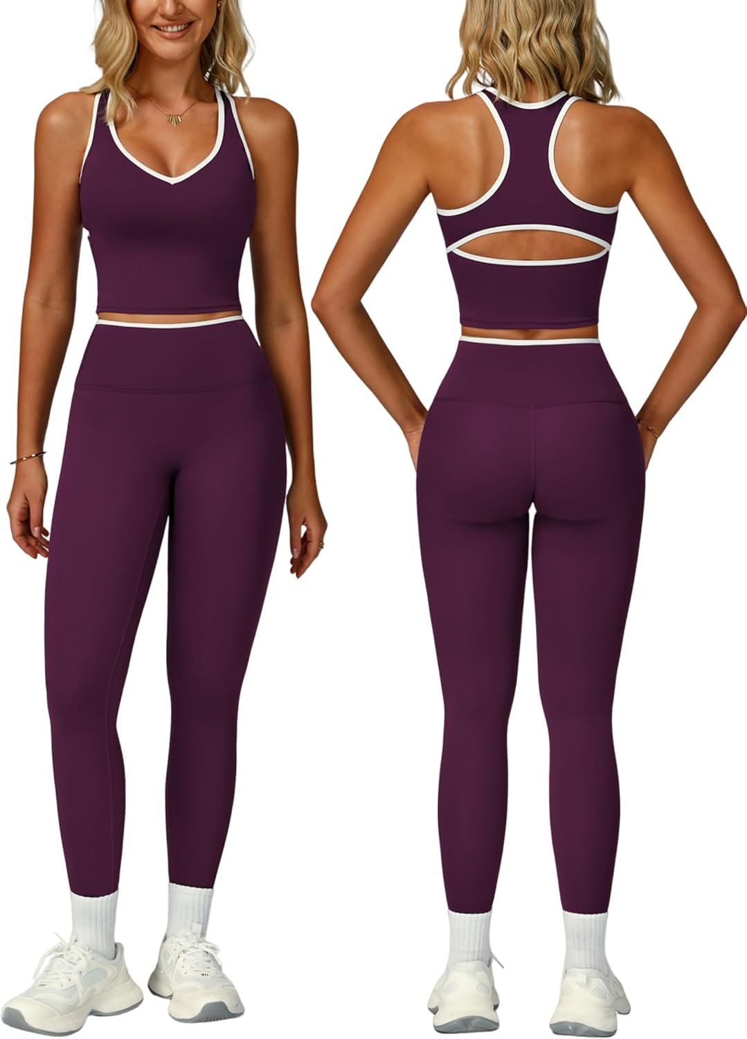 Women 2 Piece Workout Sets Racerback Color Block Tank Tops High Waist Tummy Control Active Leggings Yoga Outfits