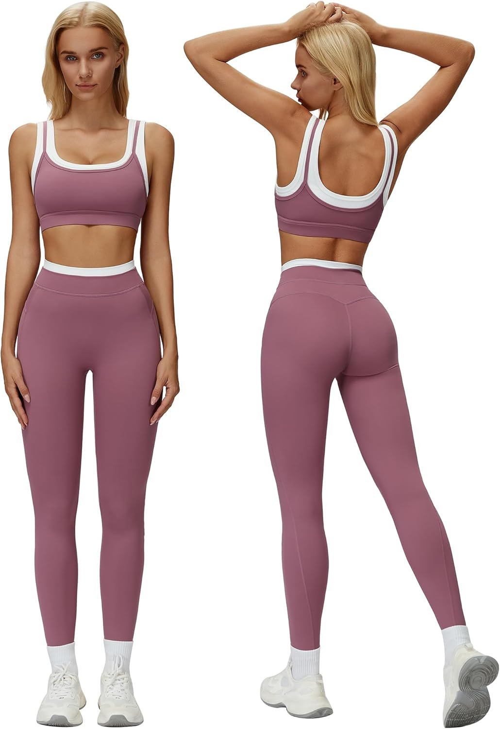 ABOCIW Two Piece Workout Sets for Women Layer Sports Bra Tummy Control High Wait Leggings Gym Yoga Outfits