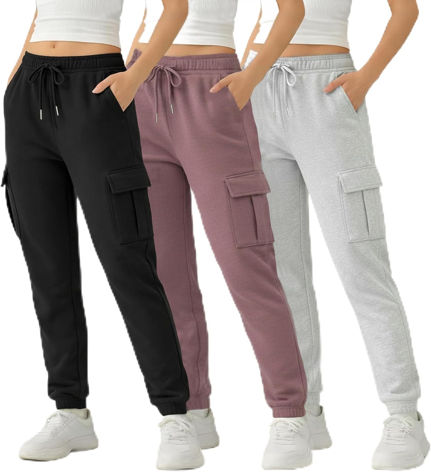 Common Stitch 3 Pack Fleece Cargo Joggers for Women — 4 Pockets, Cuffed Ankle, Elastic Drawstring Waist