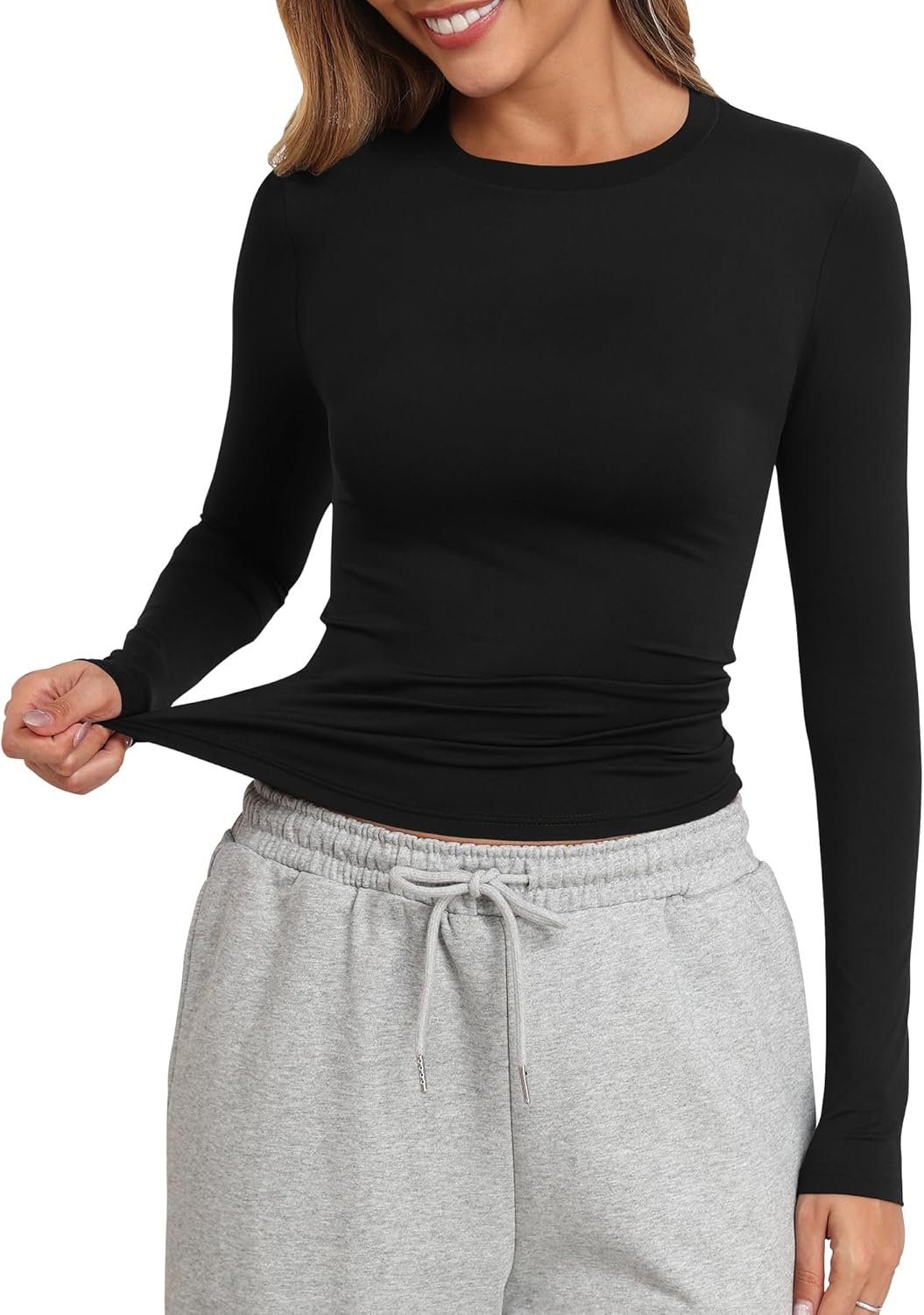 PALINDA Fitted Long Sleeve Shirts for Women Crew Neck Basic Stretchy T-Shirts Casual Layering Tee Shirt Crop Tops