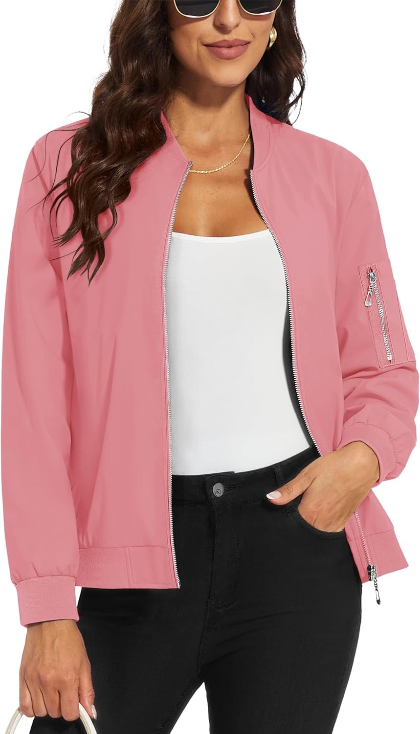 MAGCOMSEN Women’s Casual Jacket Lightweight Bomber Jackets 5 Pockets Windbreaker Zip-up Spring Fall Outerwear