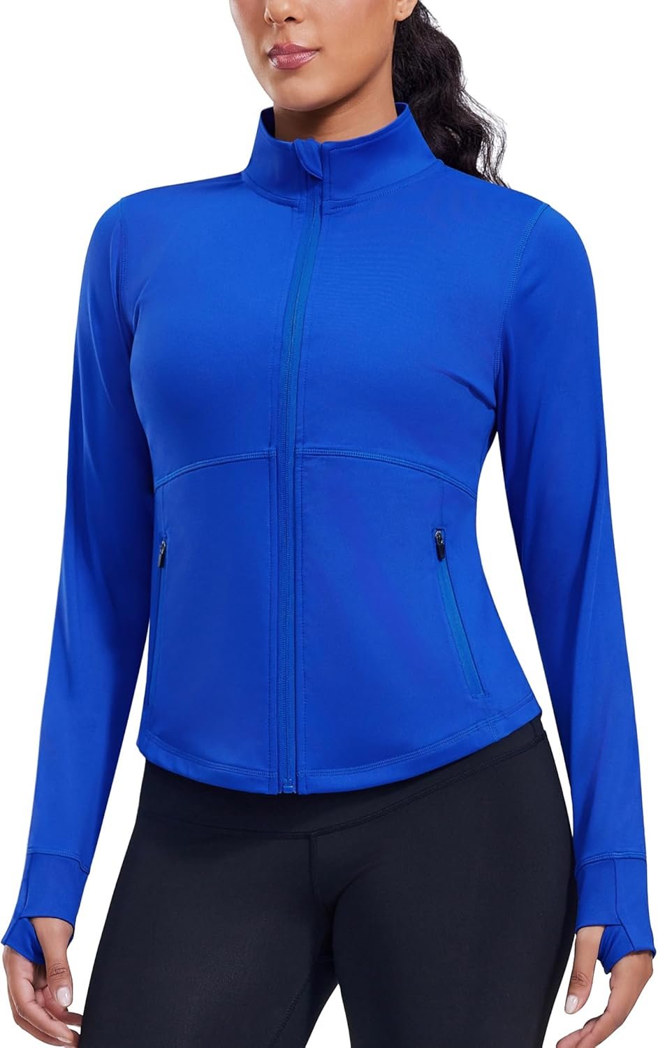 PINSPARK Women’s Cropped Workout Jacket Lightweight Full Zip Running Jacket Comfy Slim Fit Athletic Jackets with Thumb Holes