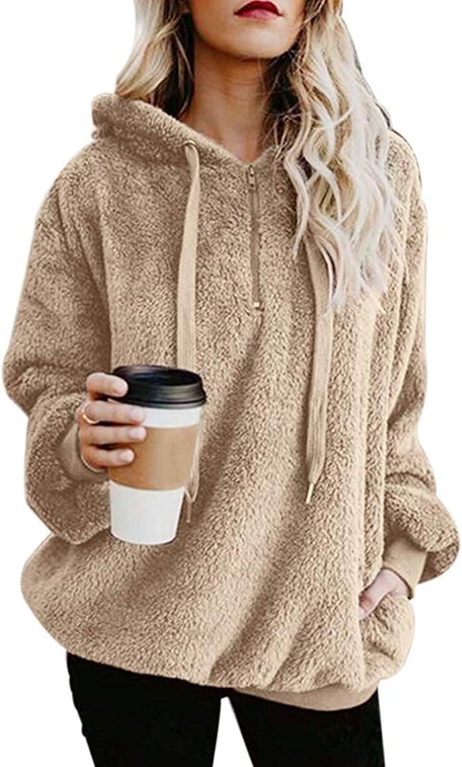 ReachMe Womens Oversized Sherpa Pullover Hoodie with Pockets Fuzzy Fleece Sweatshirt Plaid Fluffy Jacket Coat