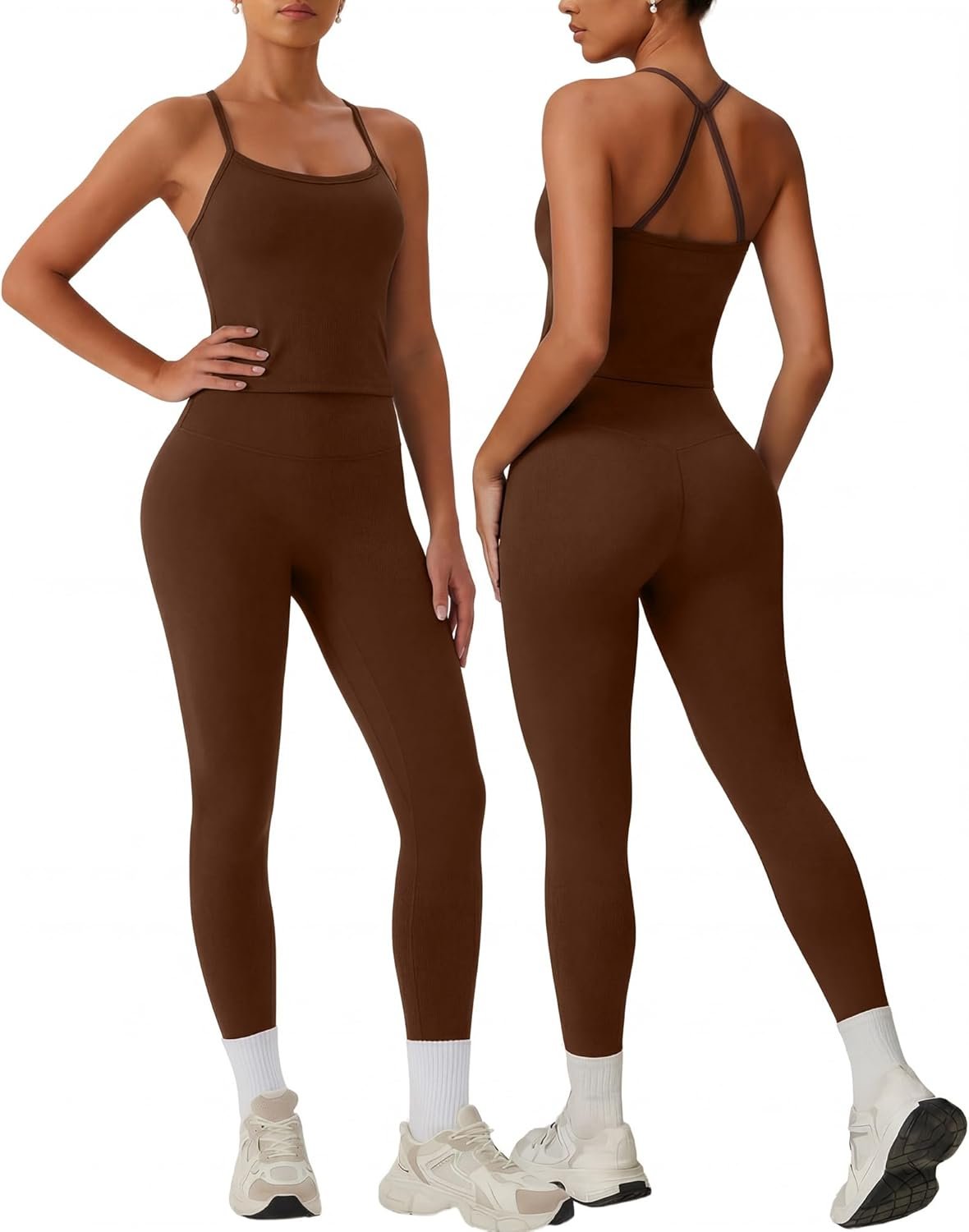 Coume Womens 2 Piece Workout Sets Cross Back Tank Top Built in Bra High Waist Legging Matching Set Seamless Yoga Gym Outfits