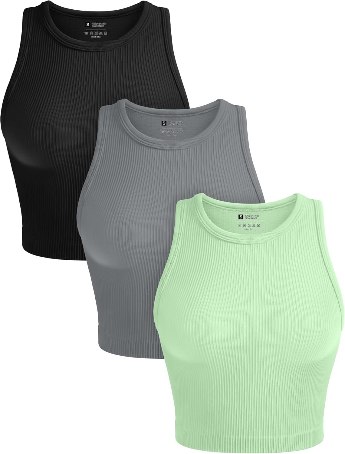OLCHEE Womens 3 Pack Crop Tank Tops Basic Seamless Ribbed Round High Neck Racerback Workout Top Summer Causal Yoga Gym Shirts