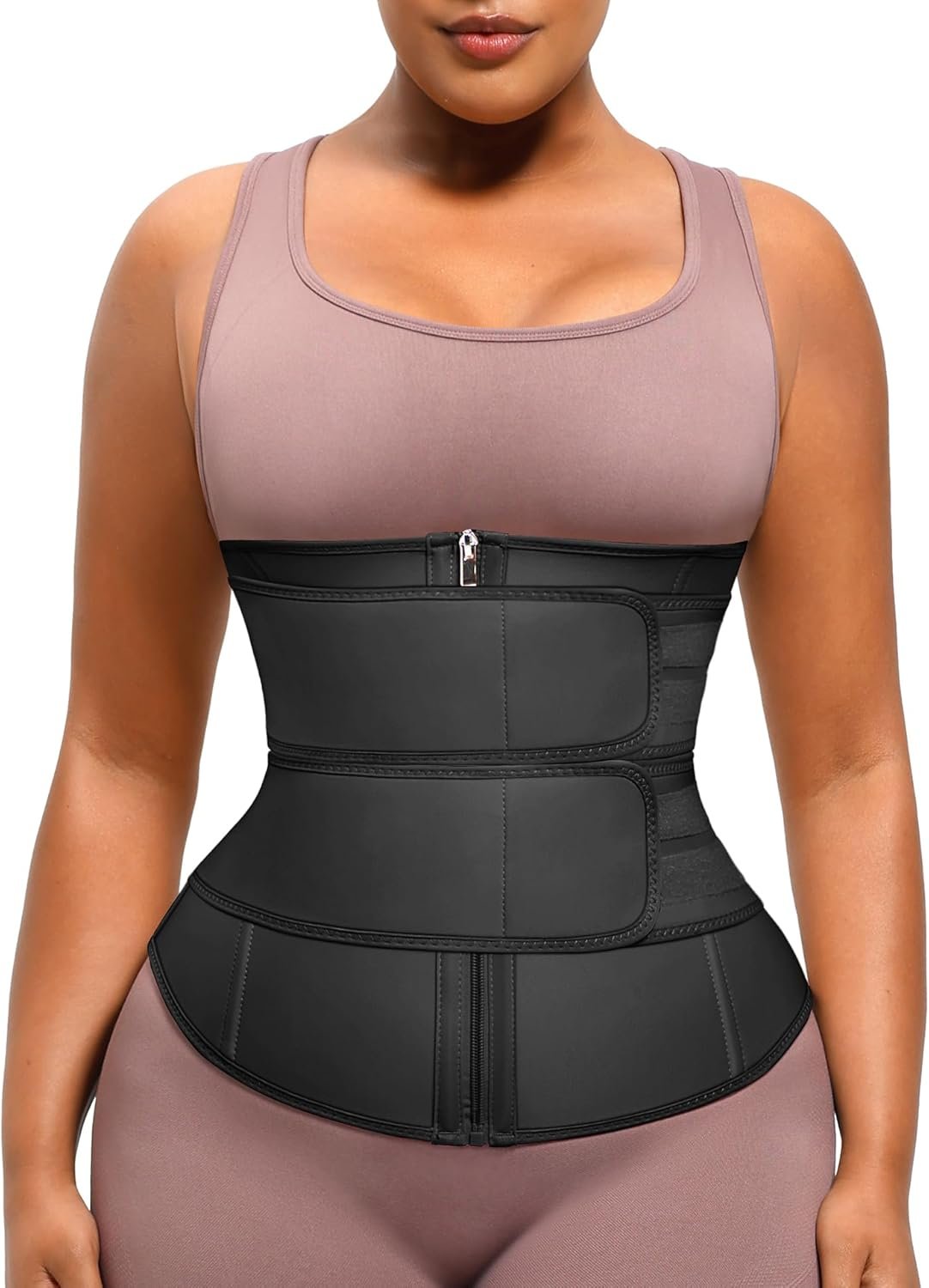 FeelinGirl Waist Trainer for Women Belly Fat Long Torso Sauna Workout 2 Belt With Zipper 7 Steel Bones Corset