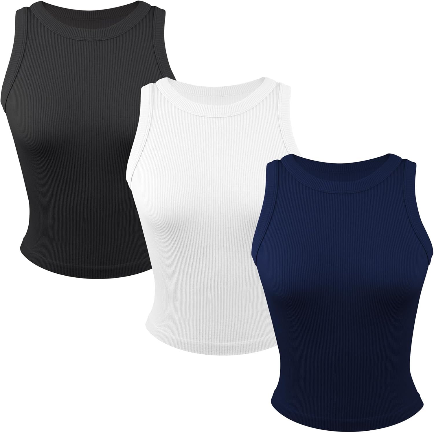 Common Stitch 3 Pack Stretch Tank Tops for Women, Ribbed Crew Neck Womens Workout Yoga Tops (Available in Plus)