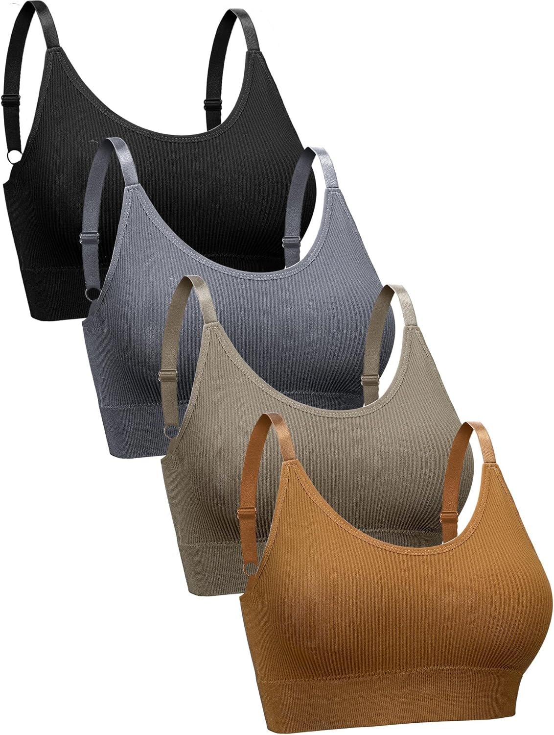 SATINIOR 4 Pack Women’s Sports Bra, Padded Ribbed Cami Bra Seamless Bralette Wireless No Underwire Workout Tank Top