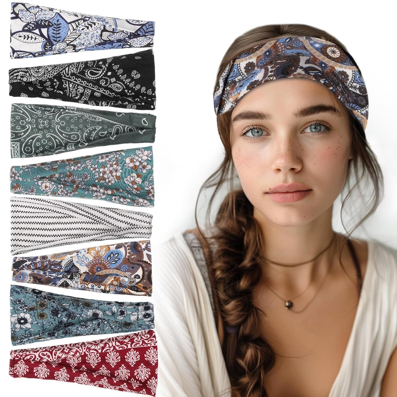 obeoby 8 Pack Headbands for Women, Boho Style Headbands for Summer Vacation Music Festival Outfits Non Slip Fashion Wide Hairband Mothers Day Gift