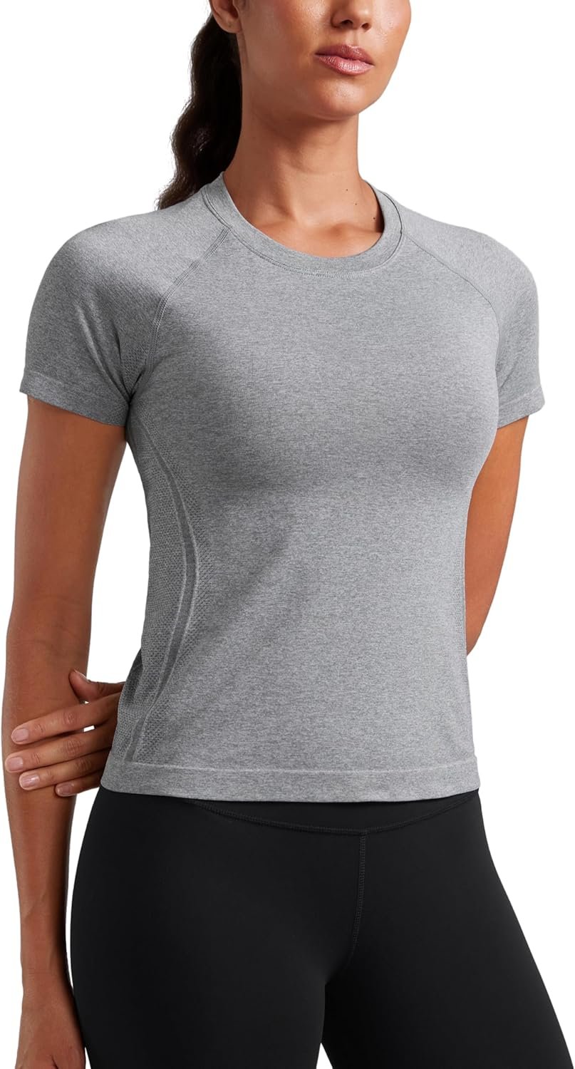 CRZ YOGA Seamless Workout Tops for Women Waist Length – Running Gym Athletic Yoga Short Sleeve Shirts Breathable Crewneck