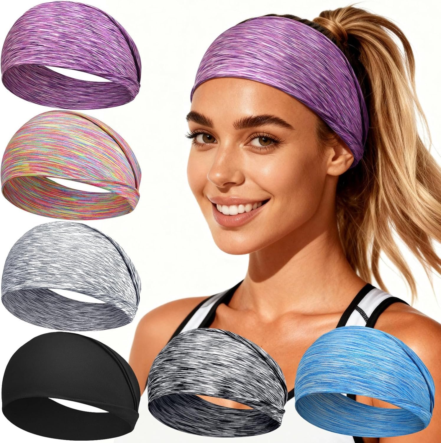 Workout Headbands for Women & Men, 6 Pack Non-Slip Wide Sweatbands – Thick Soft Elastic Hair Bands Accessories for Gym, Yoga, Running and Everyday Fashion
