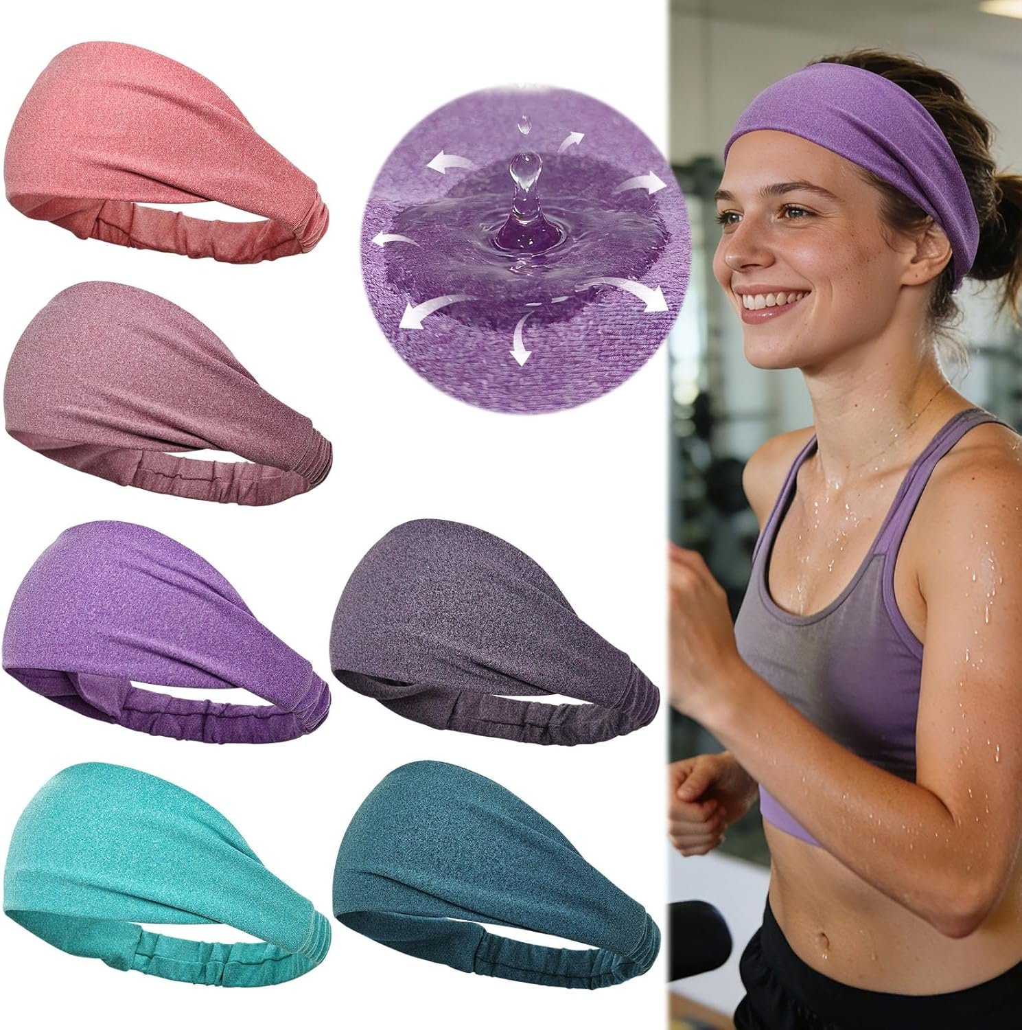 Dreamlover Sweat Wicking Headband, Non Slip Workout Headband for Women, Soft Stretchy Sports Headbands for Running, Yoga, Outdoor Work, 6 Pieces