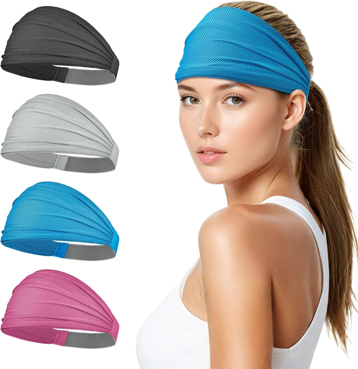 Sukeen Wide Headbands for Women, Instant Cooling Elastic Non-Slip Workout Headbands, Moisture-Wicking Sports Sweatbands for Gym, Yoga, Running, Fitness