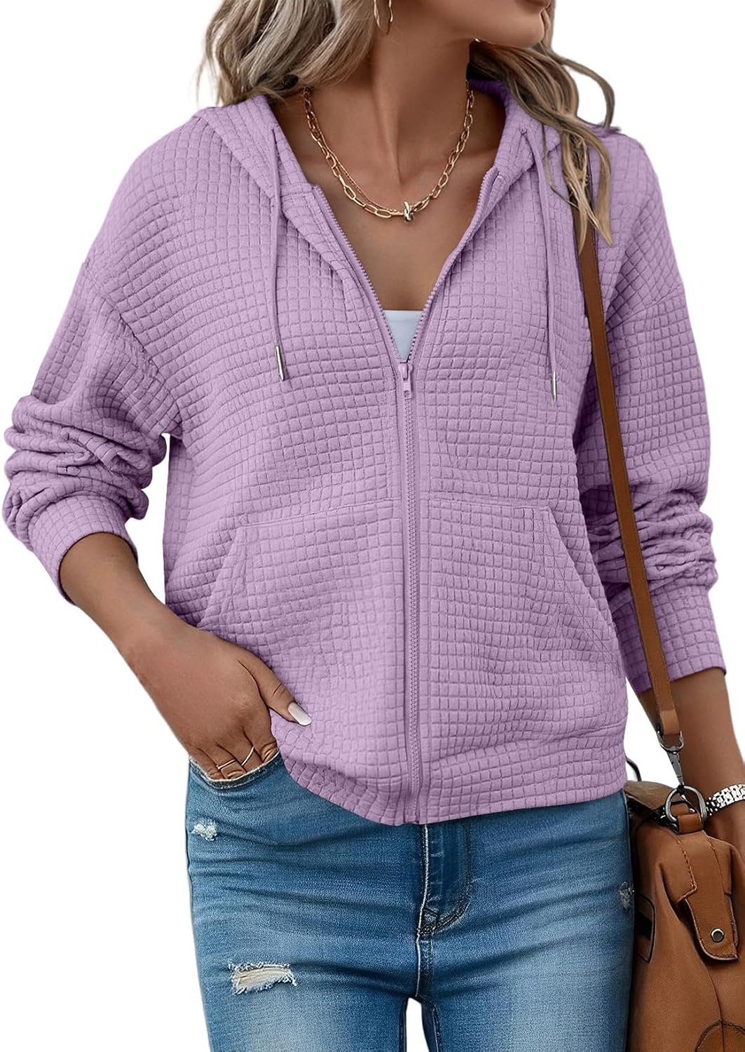 SHEWIN Womens Zip Up Hoodies Oversized Sweatshirt Fall Fashion Outfits 2026 Casual Waffle Hooded Jackets