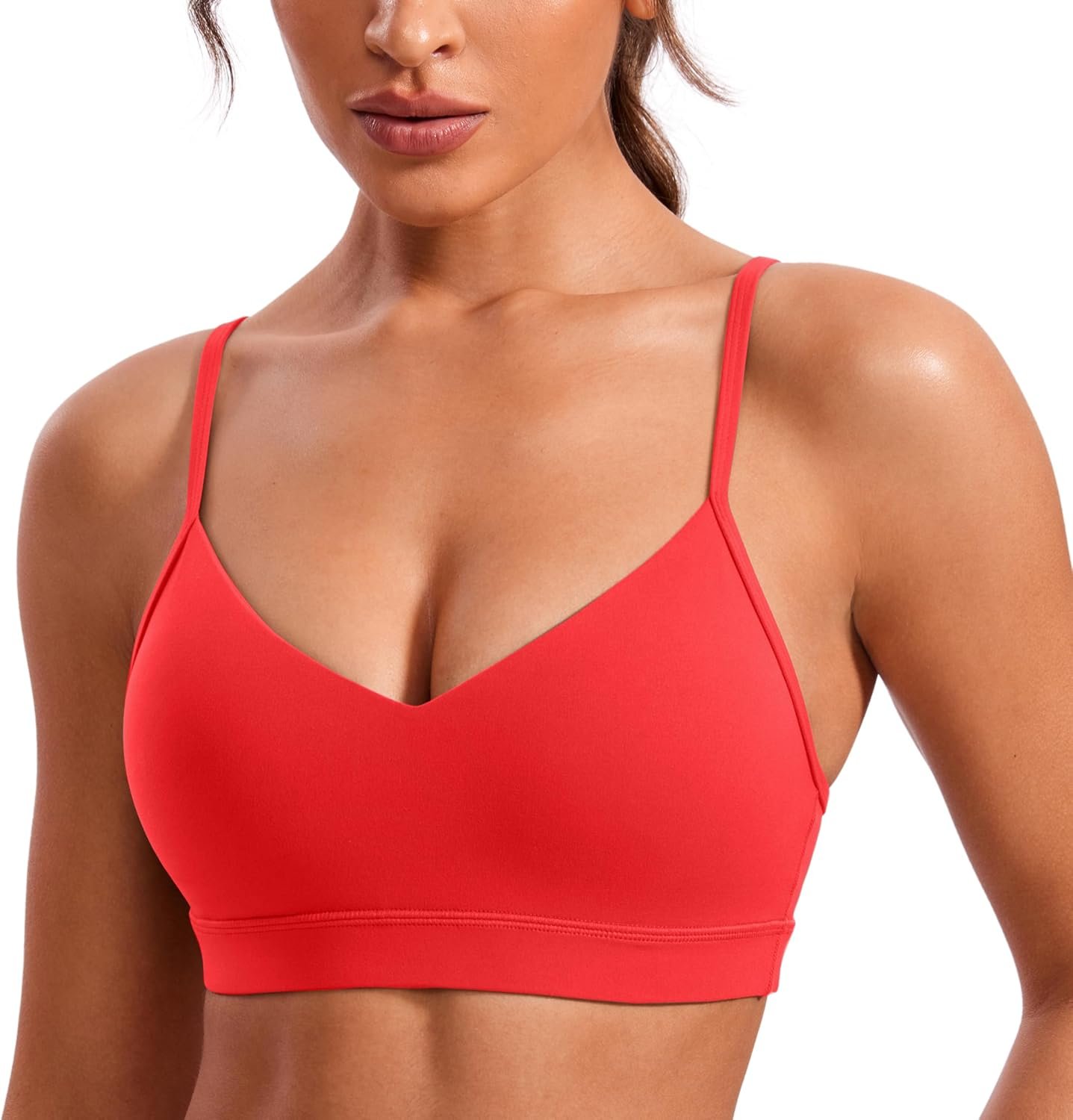 CRZ YOGA Butterluxe V-Neck Sports Bras for Women – Adjustable Thin Straps Padded Yoga Top Basic Wireless Camisole