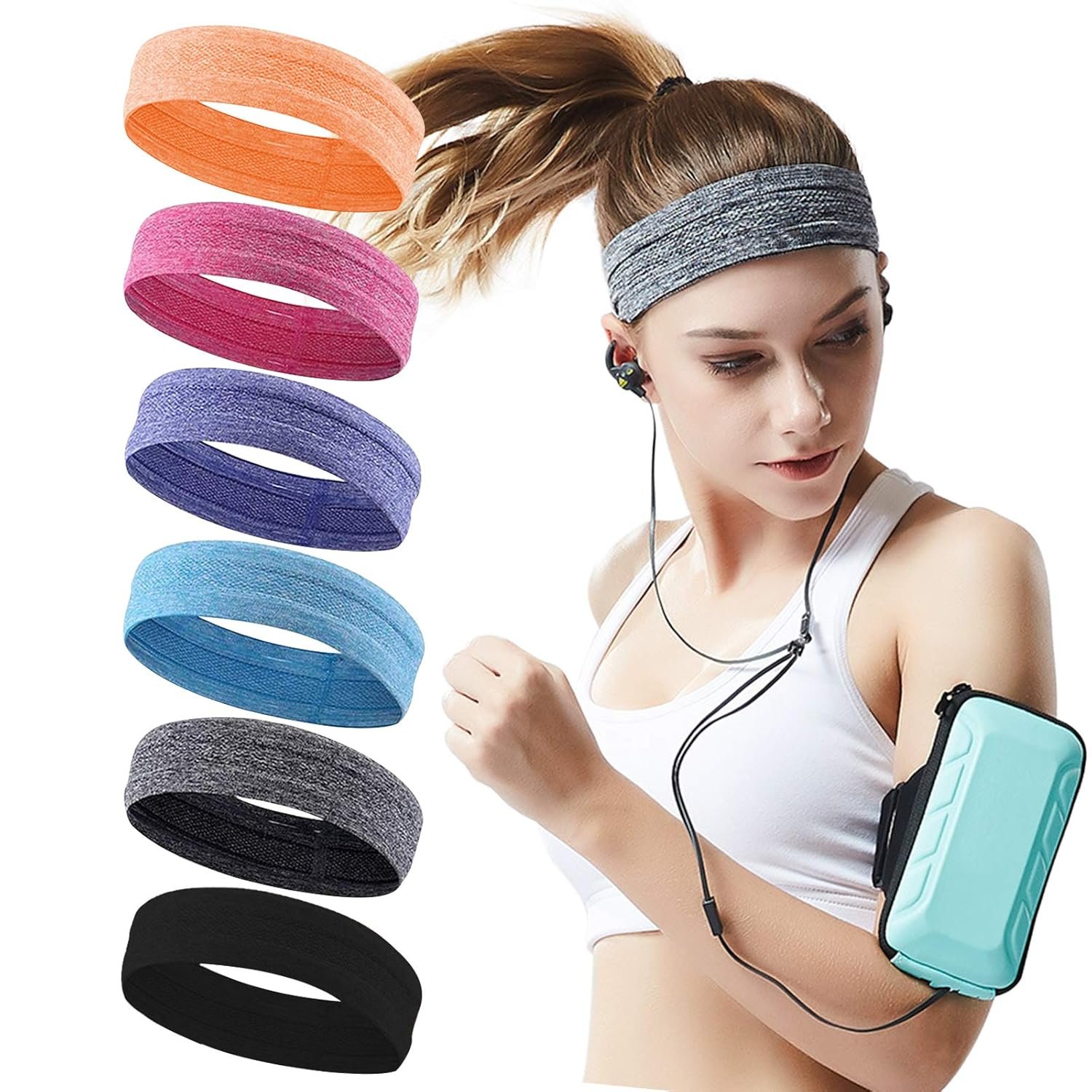 QiShang 6Pack Sweat Bands Headbands for Women Workout, Women’s Fashion Non Slip Headband, Moisture Wicking Sweatband for Sports Running Athletic Yoga