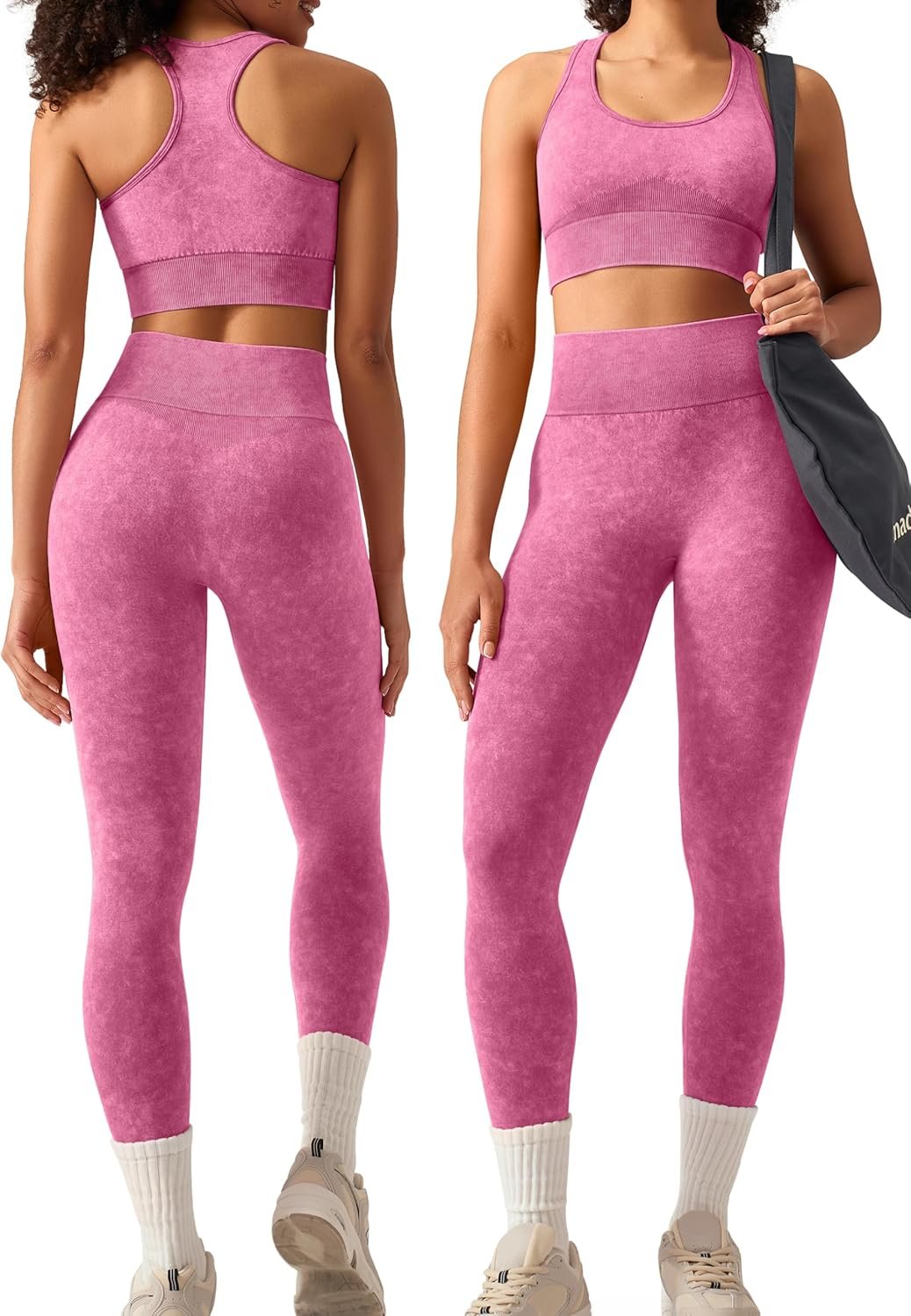 OLCHEE Womens Workout Sets 2 Piece – Acid Wash Seamless Yoga Outfits High Waist Leggings Padded Racerback Sports Bra Gym Set