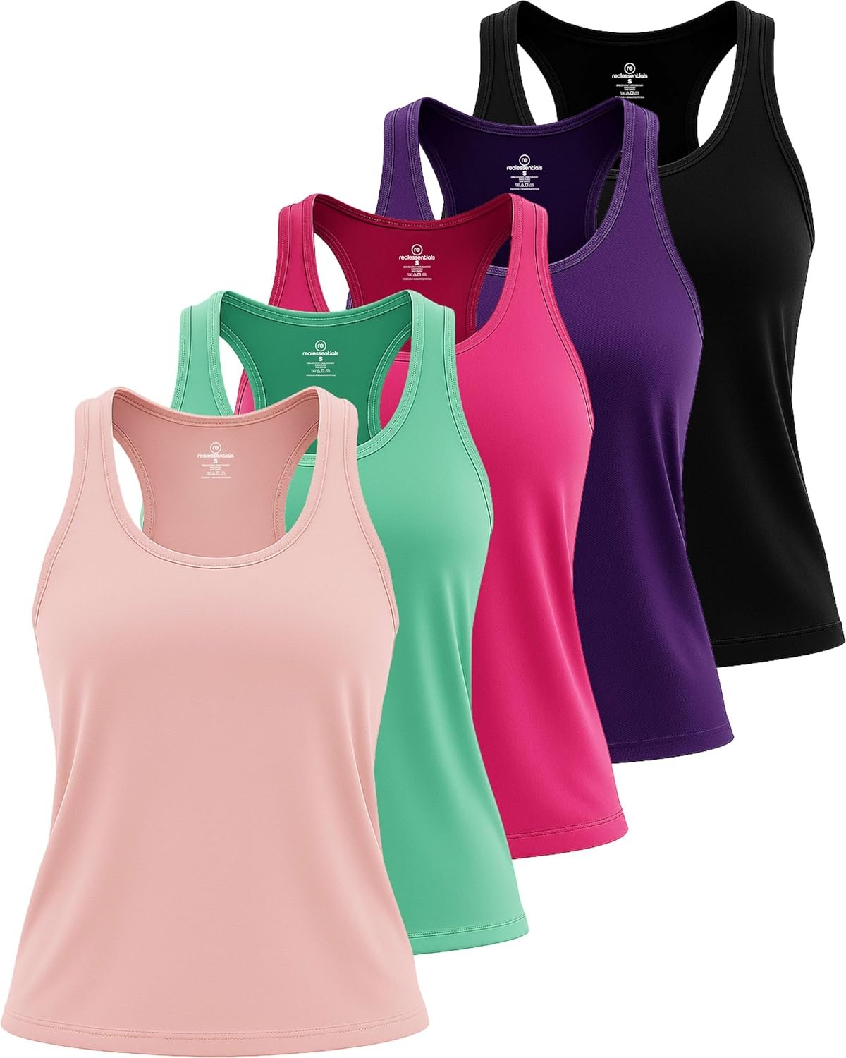 Real Essentials 5 Pack: Women’s Racerback Tank Top Dry-Fit Athletic Performance Yoga Activewear (Available in Plus Size)
