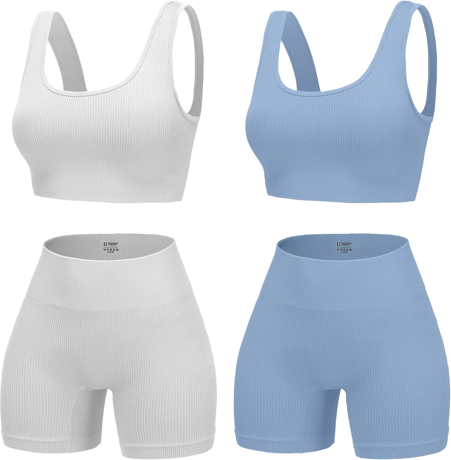 4 Piece Workout Sets for Women Seamless Ribbed High Waist Yoga shorts with Sports Bra Outfits