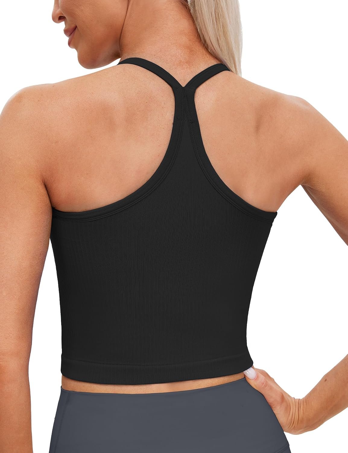 MathCat Seamless Y Back Workout Tank Tops – Spaghetti Straps Racerback Longline Sports Bras Ribbed Padded Yoga Crop Tops