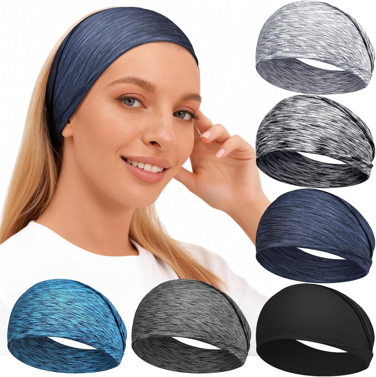 Workout Headbands for Women & Men, 6 Pack Non-Slip Wide Sweatbands – Thick Soft Elastic Hair Bands Accessories for Gym, Yoga, Running and Everyday Fashion