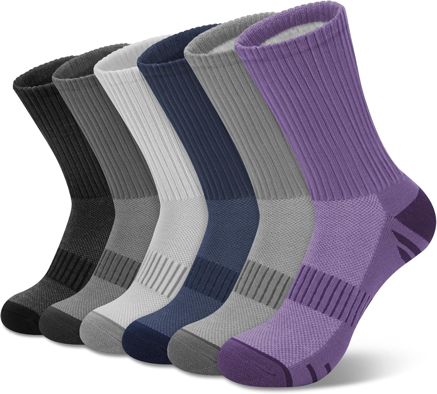 YSense 6 Pairs Crew Athletic Socks for Women, Hiking Running Cushioned Womens Compression Calf Socks for Gym Workout Sports
