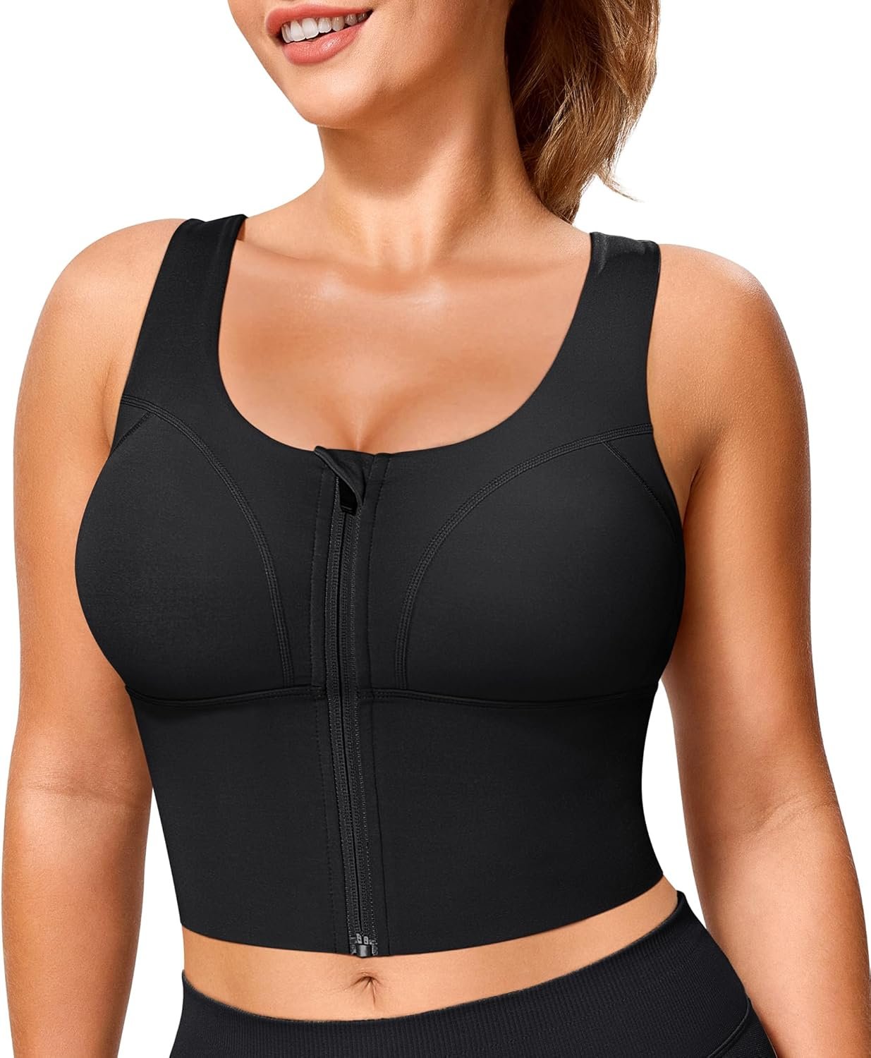 TrainingGirl Zip Front Closure Longline Sports Bras for Women – Workout Crop Tank Tops Yoga Camisole Criss Cross Back