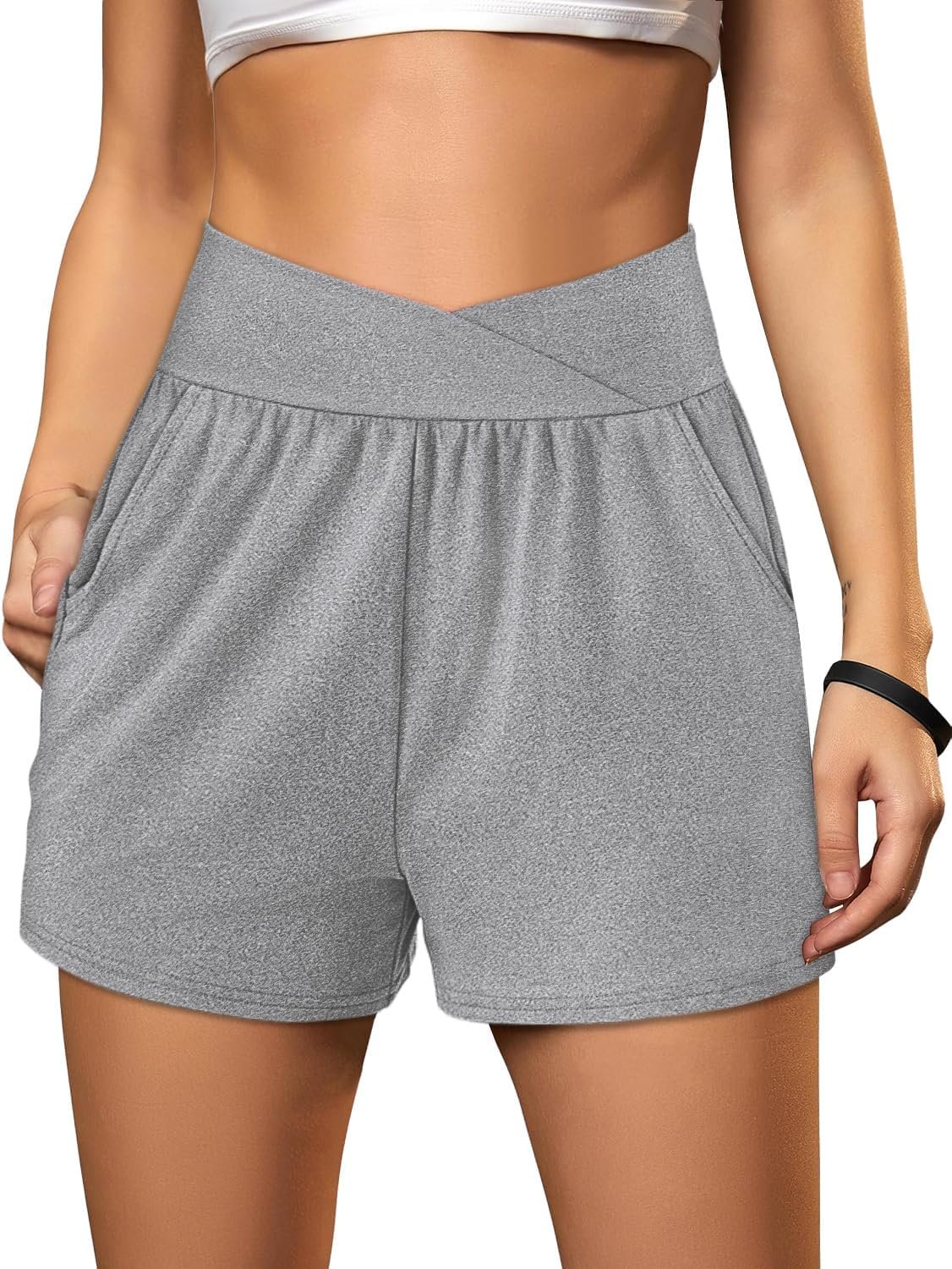 Sampeel Women’s Workout Shorts Athletic Running Shorts Crossover High Waisted Gym Shorts with Pockets