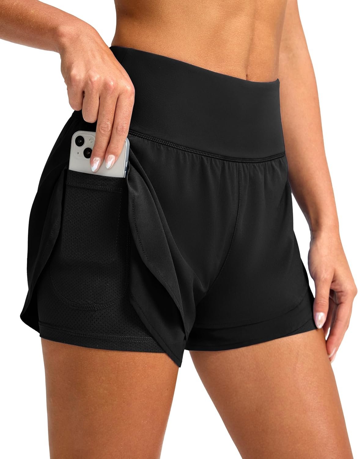 SANTINY Women’s 2 in 1 Running Shorts with Pockets 3″ High Waisted Exercise Workout Athletic Shorts for Women with Liner