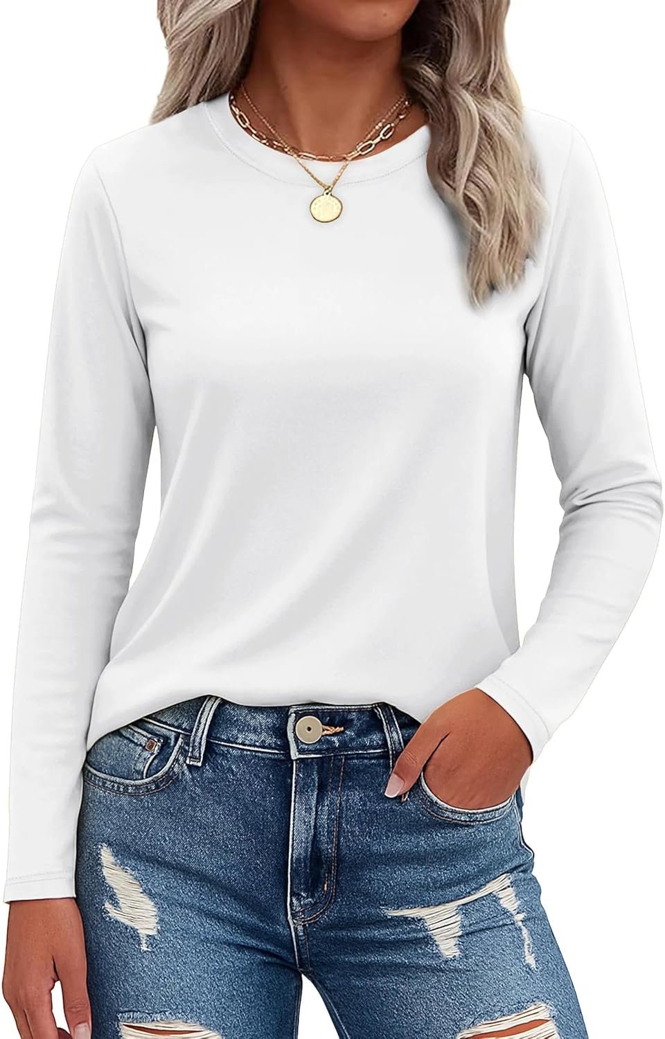 SMENG Womens Long Sleeve Shirt Cotton Blend Crewneck Basic Tops Soft UPF50+ Athleisure Tshirt