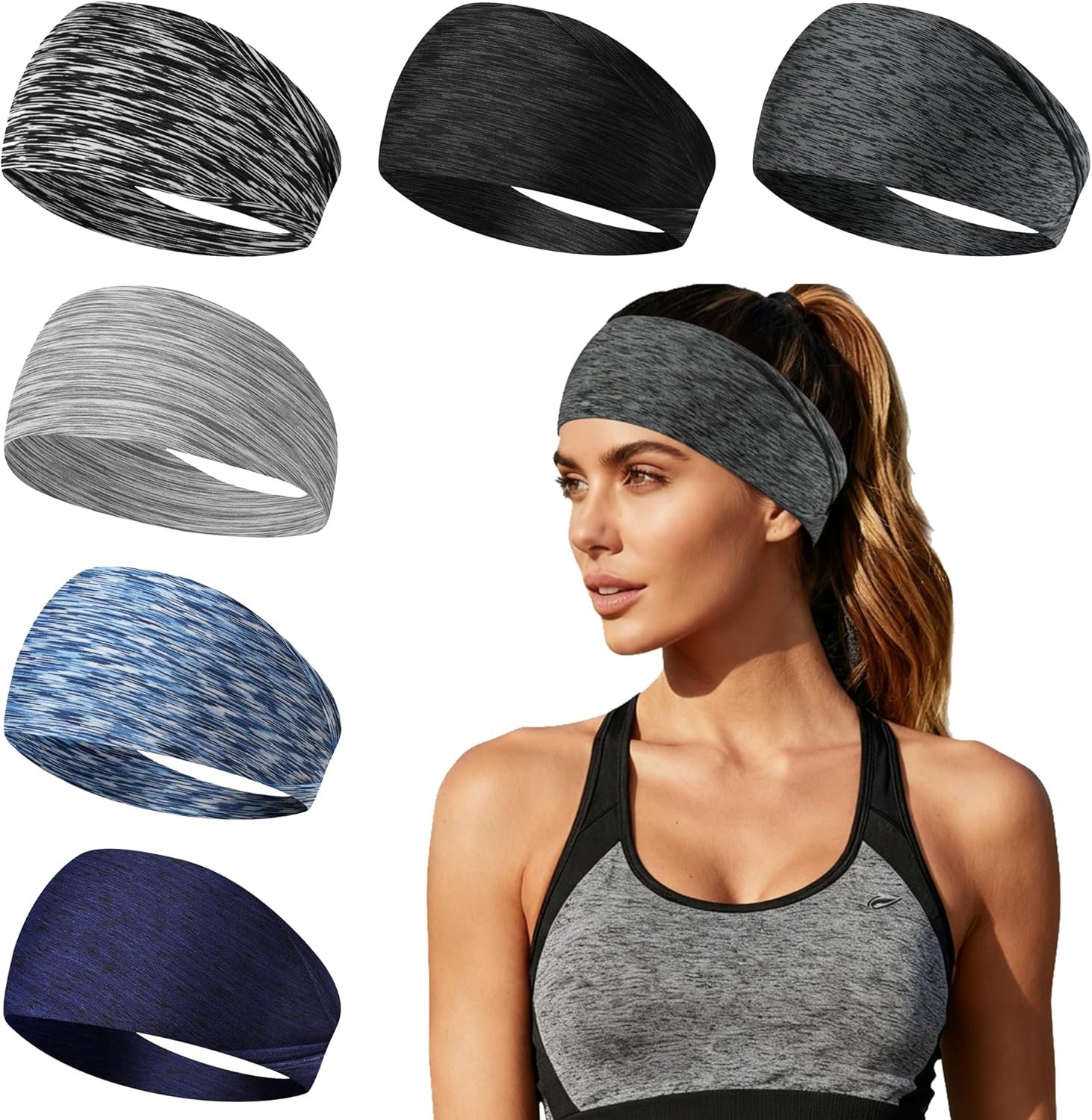Headbands for Women Non-Slip Workout Hair Bands, 6 Pack Stretchy Athletic Soft Sweatbands, Elastic Cloth Fabric Headband, Fashion Head Bands for Yoga Running Sports Gym Sports Exercise