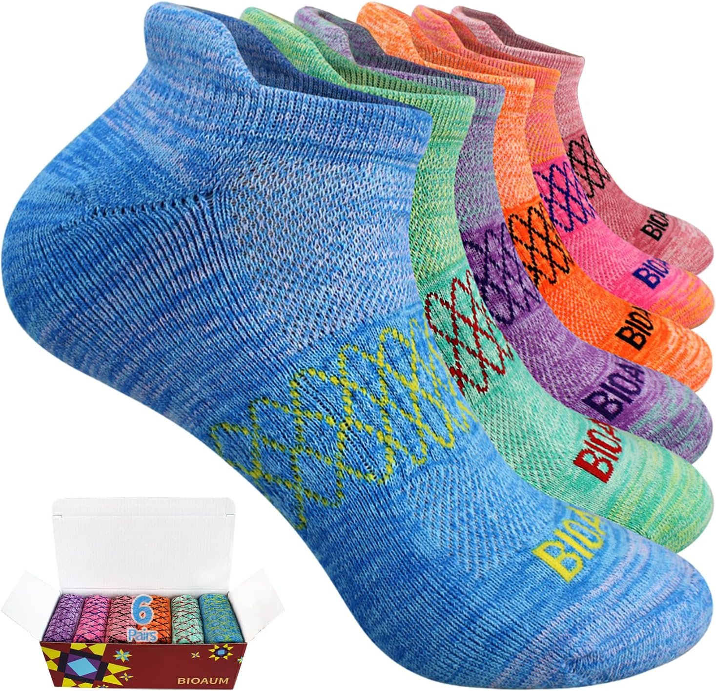 BIOAUM Womens Cotton Ankle Anti-blister Thick Cushioned Wicking Odor Resist Athletic Running Socks 5-6 Pairs
