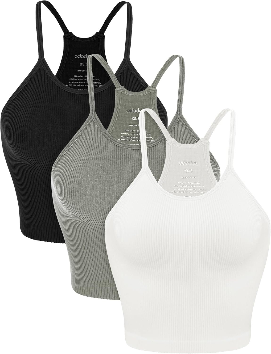 ODODOS Women’s Crop 3-Pack Seamless Rib-Knit Camisole Crop Tank Tops