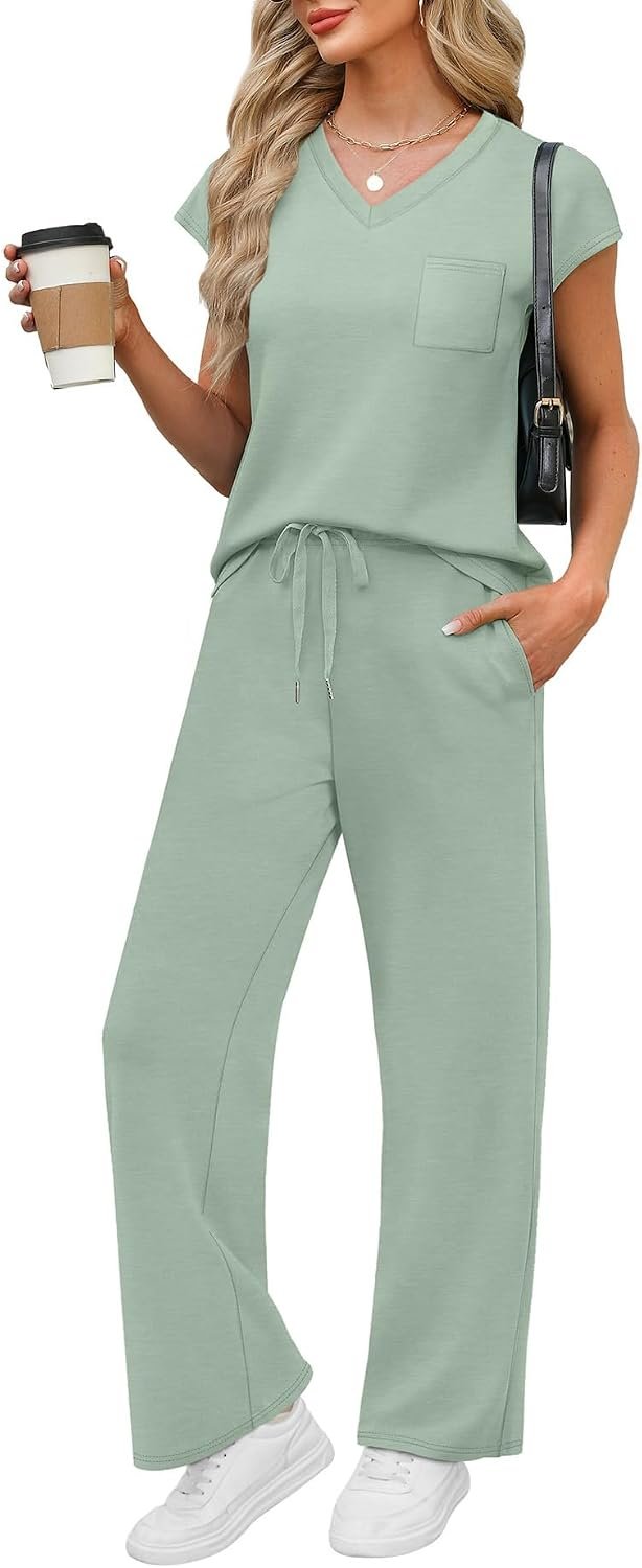 WIHOLL 2 Piece Sets for Women Resort Wear Travel Vacation Outfits Summer Cap Sleeve Lounge Sets