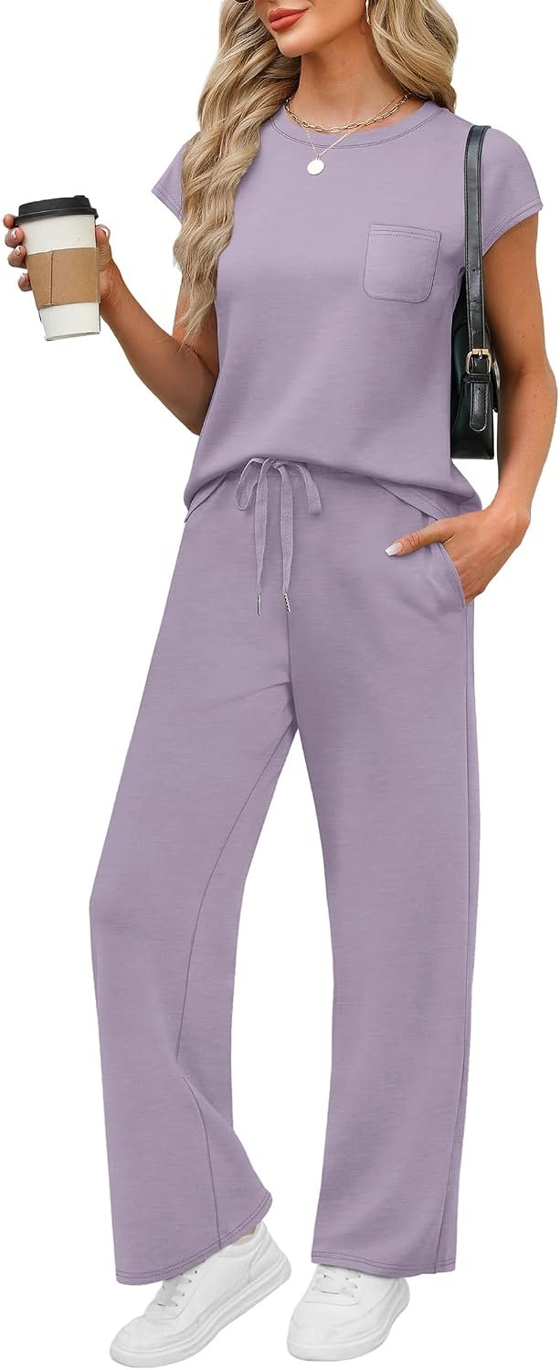 WIHOLL 2 Piece Sets for Women Casual Summer Travel Vacation Outfits Cap Sleeve Lounge Set