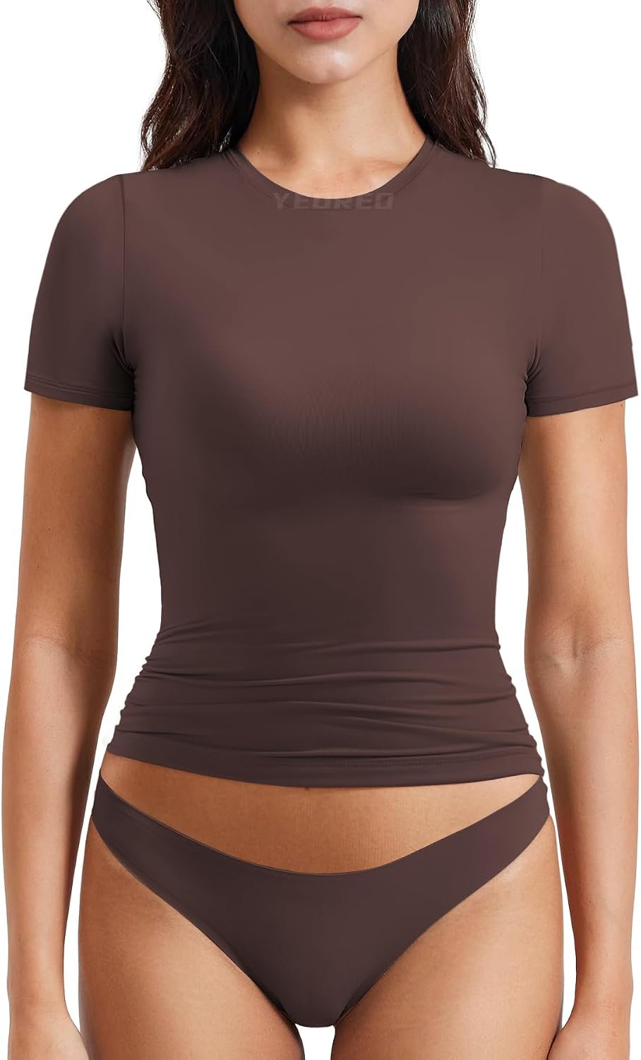 YEOREO Ease Women Fitted Workout Tops Short Sleeve Double Lined Basic Y2K Going Out Crew Neck Compression Crop Top
