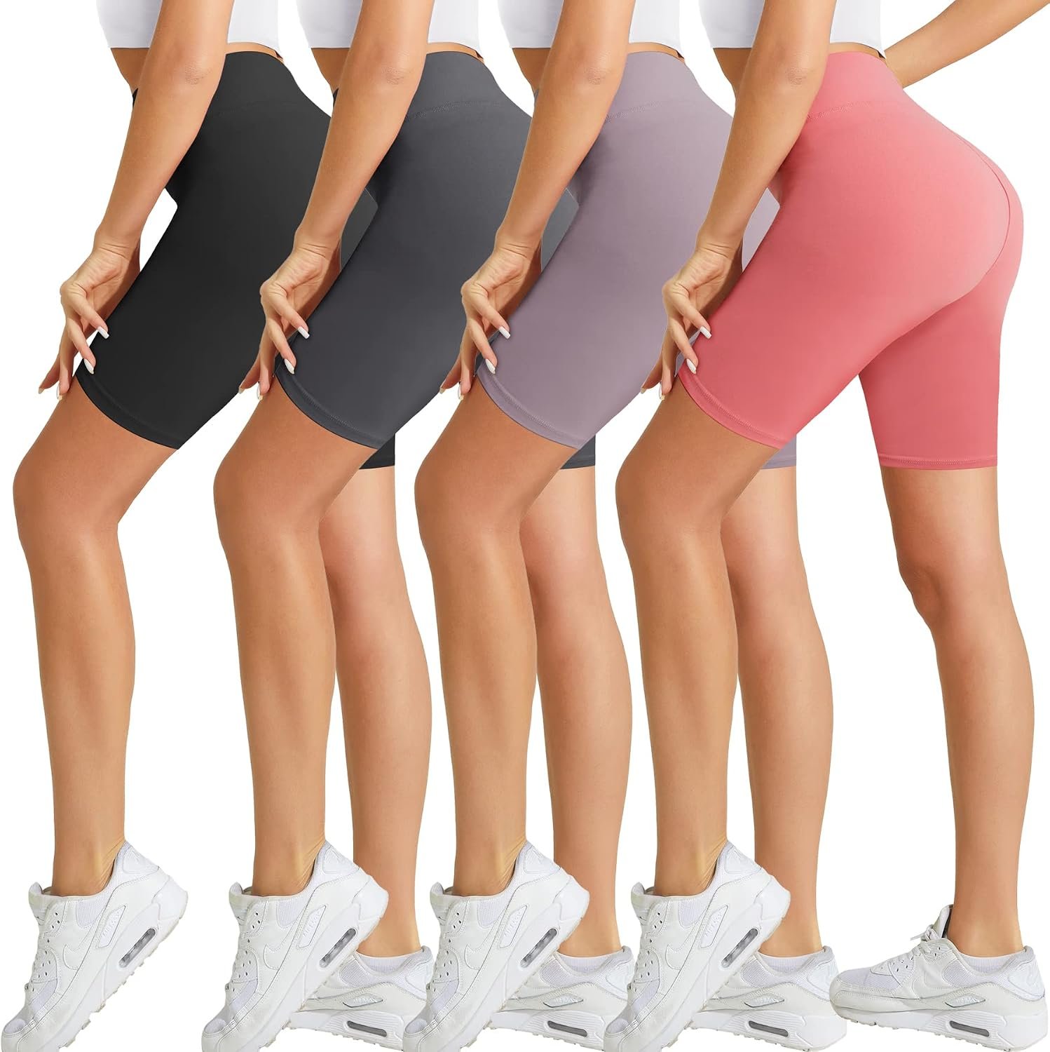 Natural Feelings Buttercloud 4 Pack Biker Shorts for Women-8″ High Waist Tummy Control Workout Shorts Athletic Gym Yoga Pants