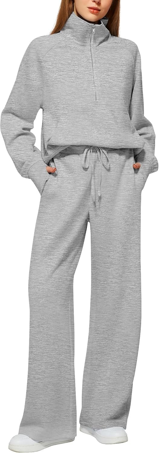 Casly Lamiit Women’s 2 Piece Outfits Lounge Set 2025 Oversized Half Zip Sweatshirt Wide Leg Sweatpant Set Sweatsuit Tracksuit