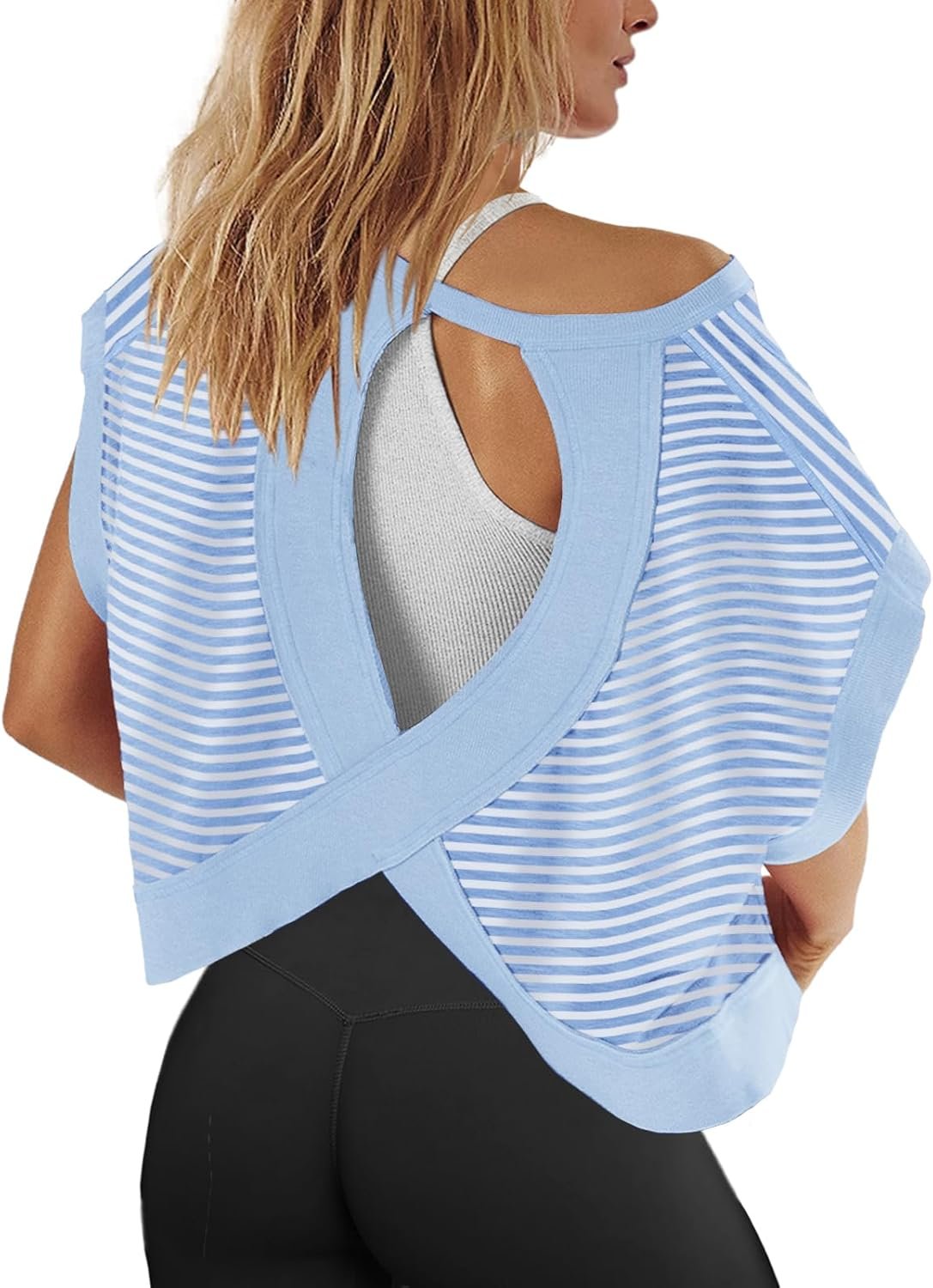 Panadila Womens Open Back Workout Top Oversized Workout T Shirts Backless Athletic Shirt Short Sleeve Baby Tee