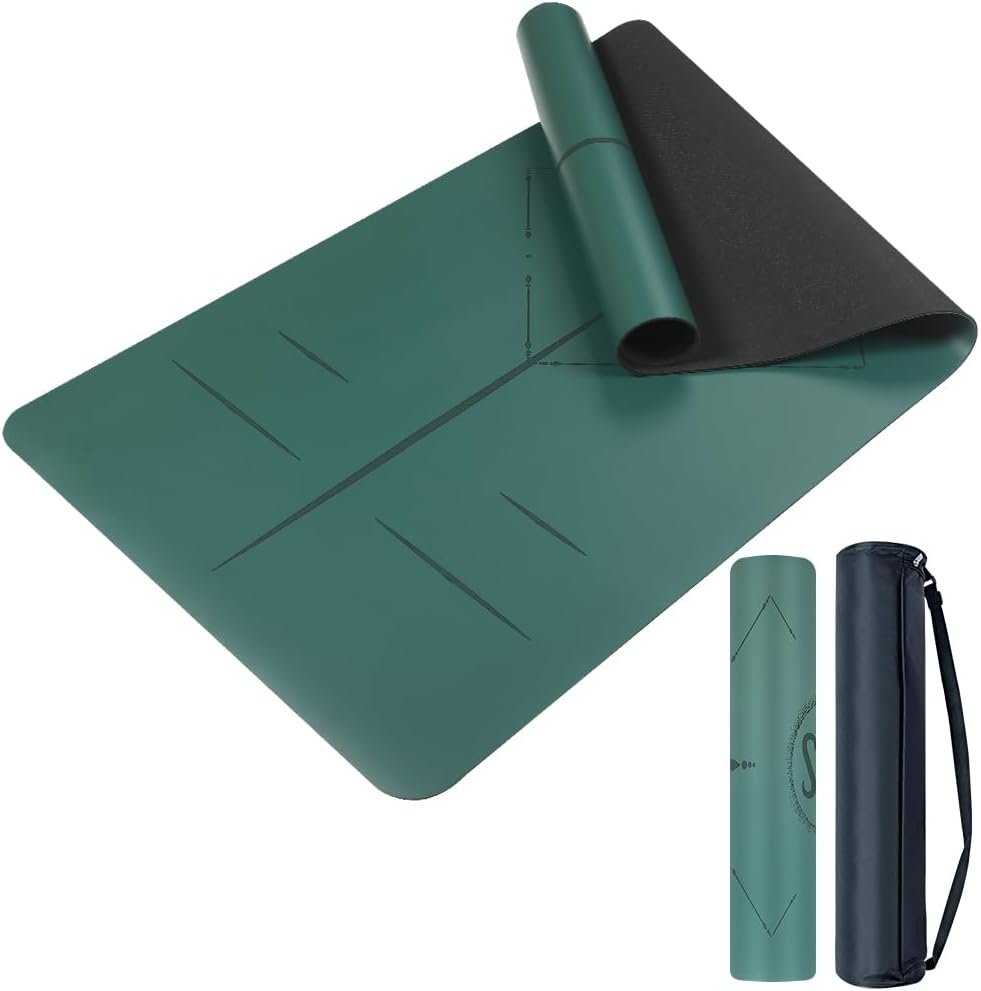 Natural Rubber Yoga Mat – Non Slip Non Toxic – 5mm Thick Yoga Mat for Hot Yoga/Pilates – Extra Large 26.8’’ with Alignment Guide – Sweat Proof – with Carrying Bag