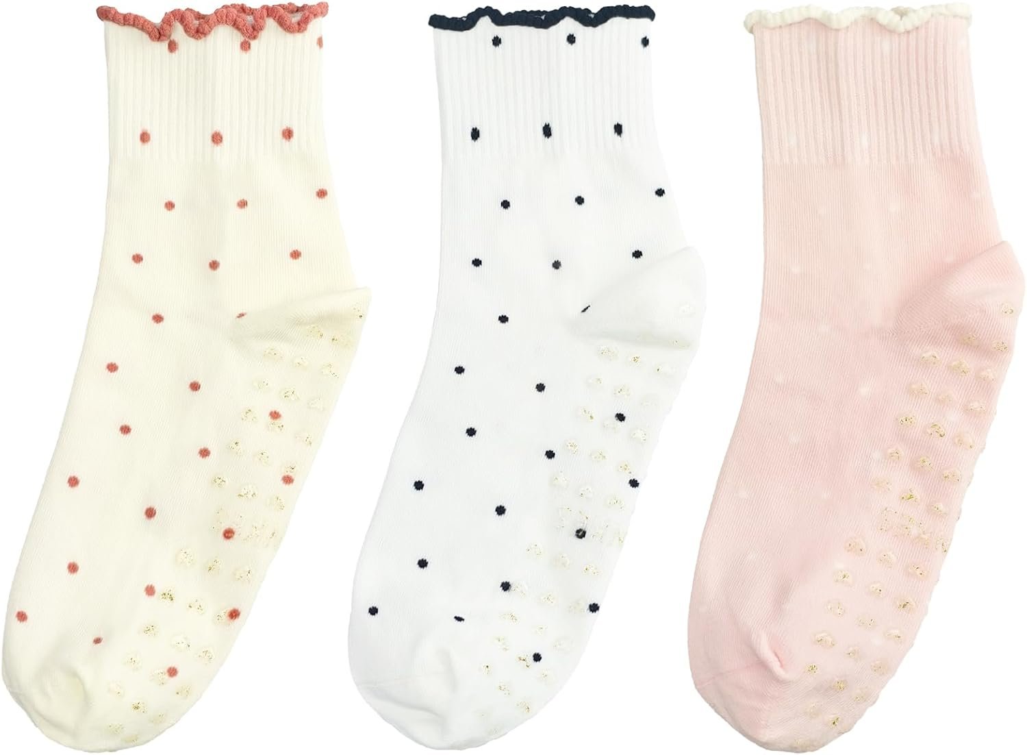Women’s Pilates Grip Socks, Non-Slip Polka Dot Heart, Yoga Barre, Size 5-9