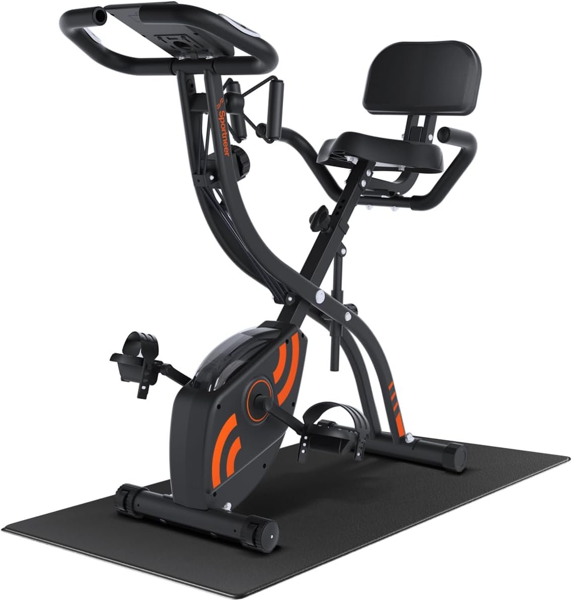 Sportneer Foldable Exercise Bike with 16 Level Resistance Training | Arm Resistance Band PVC Floor Mat Fitness Bike for Home Gym Workout, Stationary Bike, Indoor Cycling Bike