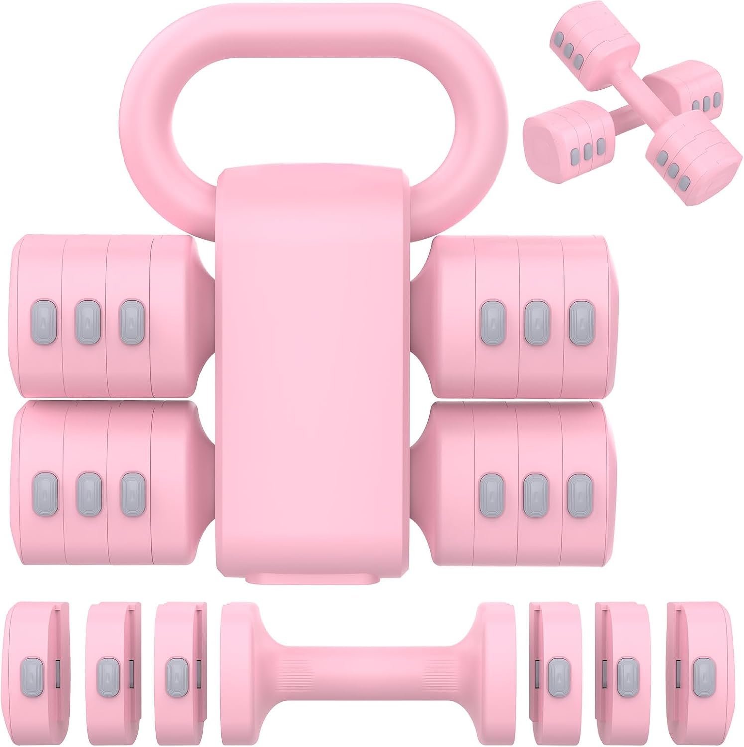 Hezeyferg Adjustable Dumbbell Set, 2-in-1 Hand Weights with Kettlebell Form | 4-Level 2.2-5.5lb Each, Dual-Button Locking, for Women Men Beginners Home Gym, Portable & Space-Efficient, Full Body Workout