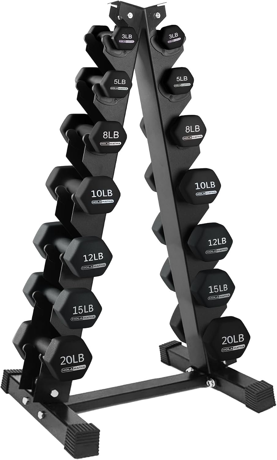 HolaHatha Neoprene Hexagon Dumbbell Set with Storage Rack, Black, 146 Lbs