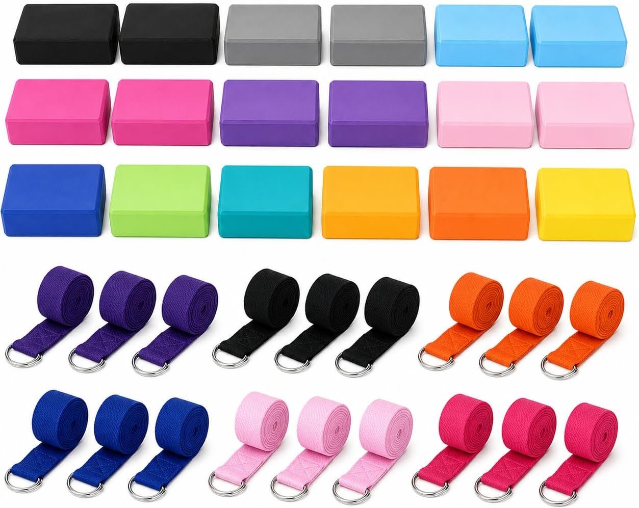 36-Piece Yoga Blocks Bulk Pack, 18 EVA Blocks and 18 Yoga Straps