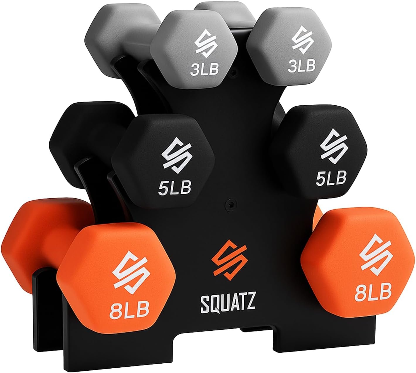 SQUATZ Dumbbell Weights Set with Stand, 32lbs Neoprene Coated Weights in Color Gray, Black, and Orange, Hex Shape Anti Slip and Roll Dumbbells for Exercise, Training, Fitness, Yoga